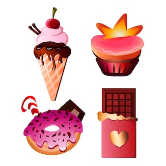 Kolekcja słodyczy kolorowa ilustracja na białym tle zestaw ikon lody, glazurowane pączki, ciasto i ciemna czekolada smaczne jedzenie