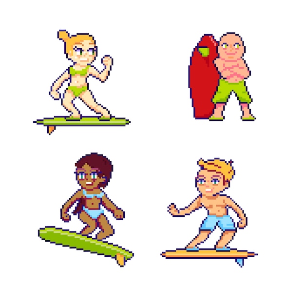 Bezpłatny wektor kolekcja surferów z płaskimi pikselami