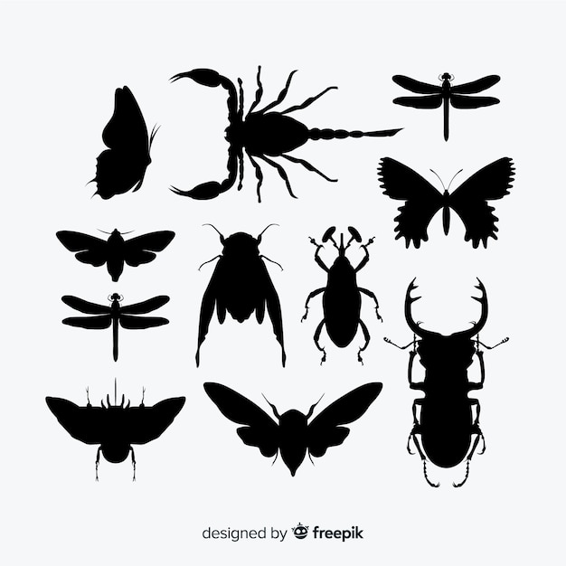 Bezpłatny wektor kolekcja sylwetki owadów płaskie