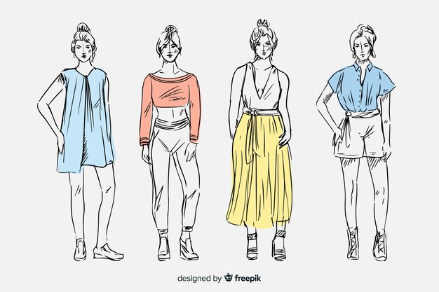 Kolekcja szkiców mody z modelami