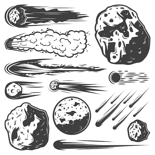 Bezpłatny wektor kolekcja zabytkowych meteorów ze spadającymi asteroidami komet i meteorytami o różnych kształtach na białym tle