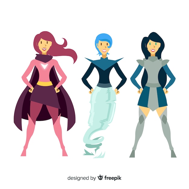 Bezpłatny wektor kolekcja żeńskich bohaterów superbohaterów w stylu komiksu