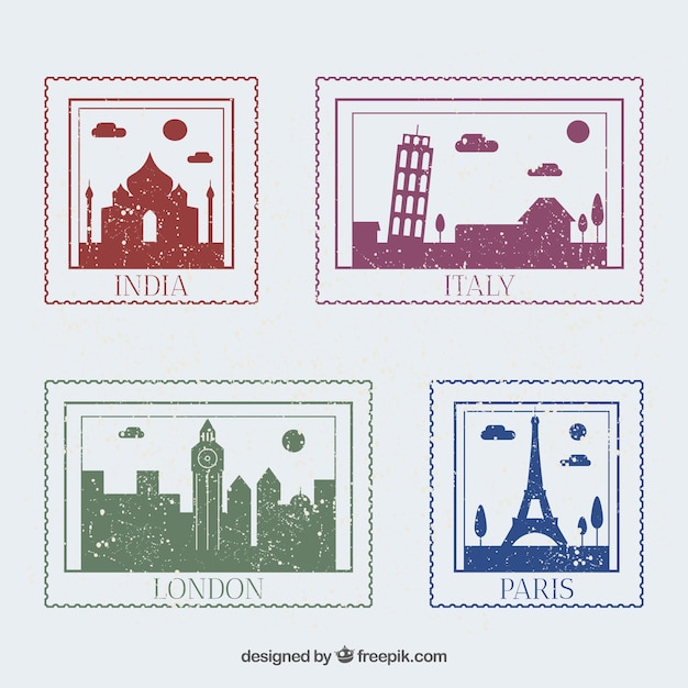 Bezpłatny wektor kolekcja znaczków z pomnikami