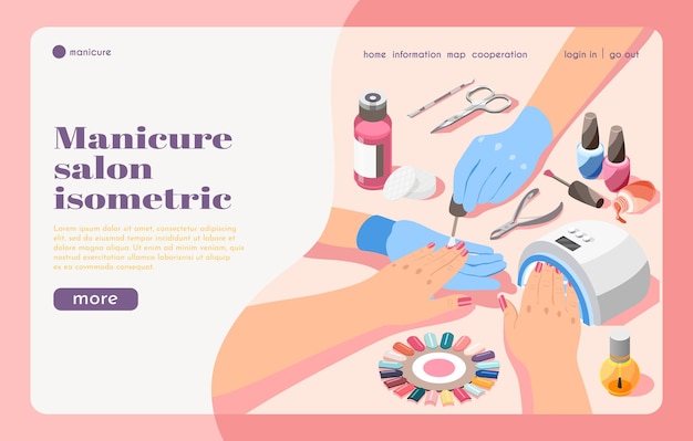 Bezpłatny wektor kolorowa izometryczna strona docelowa salonu piękności z narzędziami do manicure i malowaniem paznokci przez artystę 3d
