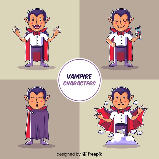 Bezpłatny wektor kolorowa kolekcja postaci wampira z płaska konstrukcja