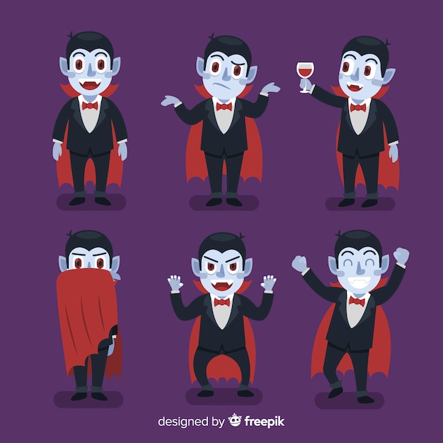 Bezpłatny wektor kolorowa kolekcja postaci wampira z płaska konstrukcja