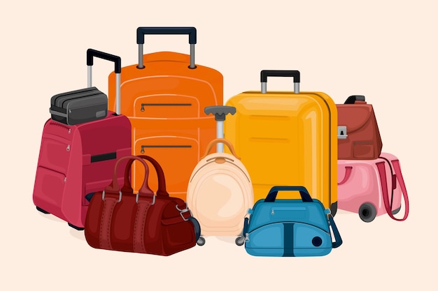 Kolorowa kompozycja bagażu z plastikowymi walizkami na kółkach, torbami podróżnymi i płaską ilustracją sprzęgła