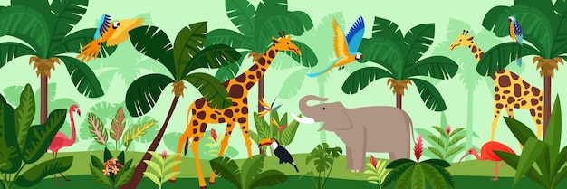 Bezpłatny wektor kolorowa kompozycja zebry zebry, flamingi słonia i papugi są na ilustracji wektorowych zielonej dżungli