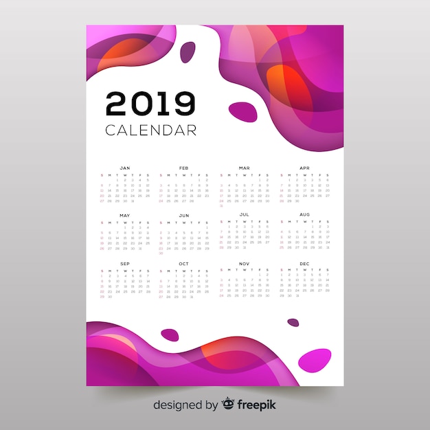 Bezpłatny wektor kolorowe abstrakcyjne kształty 2019 kalendarza