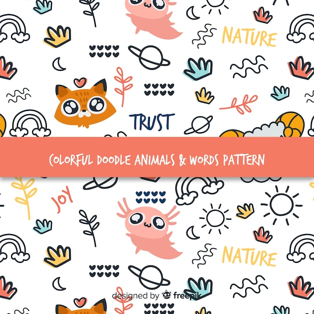 Bezpłatny wektor kolorowe doodle zwierzęta i słowa wzór