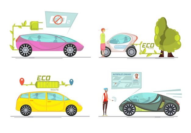 Bezpłatny wektor kolorowe eco przyjazne samochody elektryczne 2x2 koncepcja na białym tle
