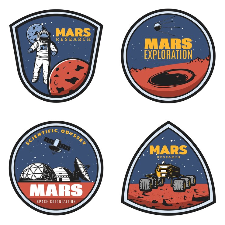 Bezpłatny plik Wektor kolorowe emblematy badań marsa w stylu vintage z astronautą