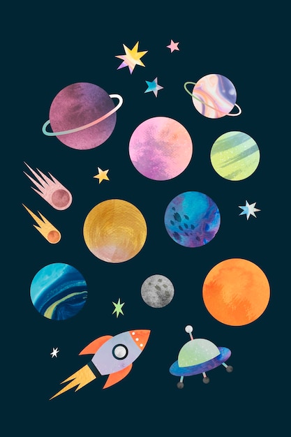 Bezpłatny wektor kolorowe galaktyki akwarela doodle na tylnym wektorze tła