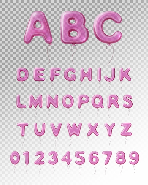 Bezpłatny wektor kolorowe i na białym tle światło fioletowy realistyczny balon angielski alfabet z przezroczystym tłem