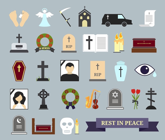 Bezpłatny wektor kolorowe ikony śmierci, rytuału i pochówku. elementy sieci na temat śmierci, ceremonii pogrzebowej.