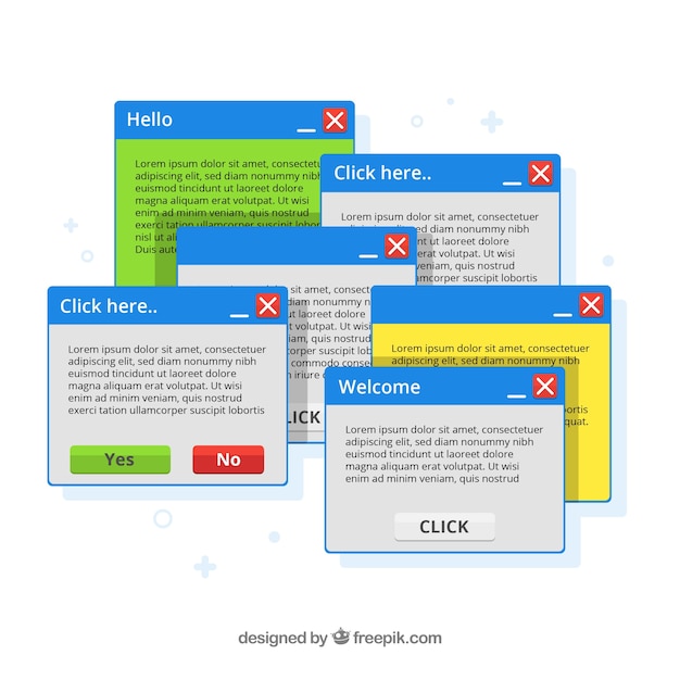Bezpłatny wektor kolorowe irytujące wyskakujące okienka z płaskim wzorem