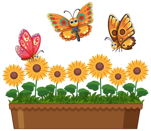 Bezpłatny wektor kolorowe motyle na słonecznikach ilustracja