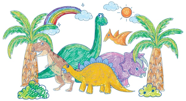 Bezpłatny wektor kolorowe ręcznie rysowane grupy dinozaurów