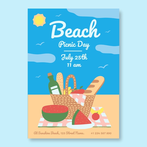 Bezpłatny wektor kolorowe, ręcznie rysowane zaproszenie na piknik na plaży