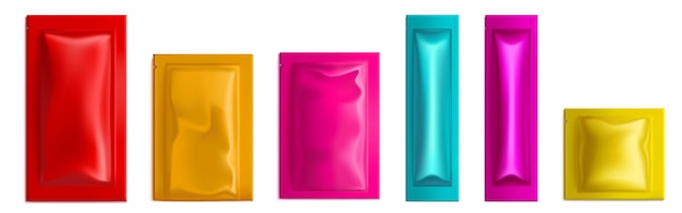 Bezpłatny wektor kolorowe saszetki torebki wektor makieta wilgotne chusteczki prezerwatywy sól cukier lub paczki cukierków izolowane puste p...