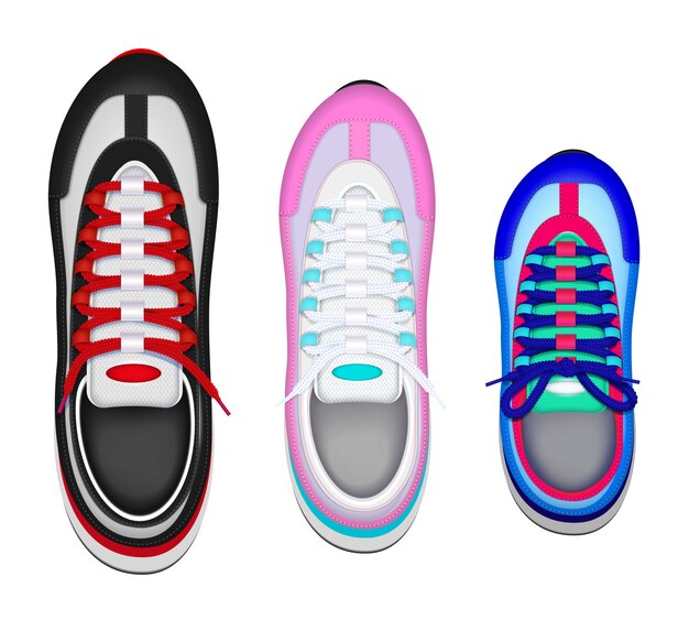 Kolorowe sportowe buty rodzinne realistyczny widok z góry zestaw z ojcem matka dziecko sneaker lewej stopy