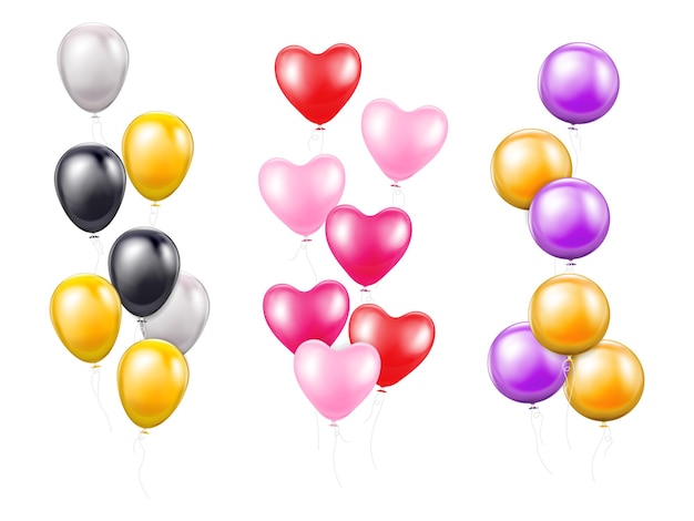 Bezpłatny wektor kolorowe wiązki latających balonów powietrznych o różnych kształtach i kolorach realistyczne kompozycje na białym tle ilustracji wektorowych
