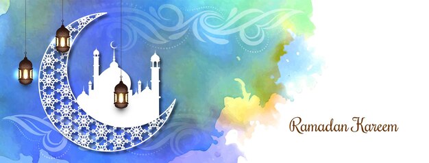 Kolorowy baner festiwalu Ramadan Kareem z półksiężycem