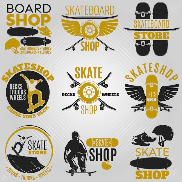 Bezpłatny wektor kolorowy emblemat na deskorolce w różnych kształtach z opisami sklep deska sklep deskorolka ilustracja wektorowa skateshop