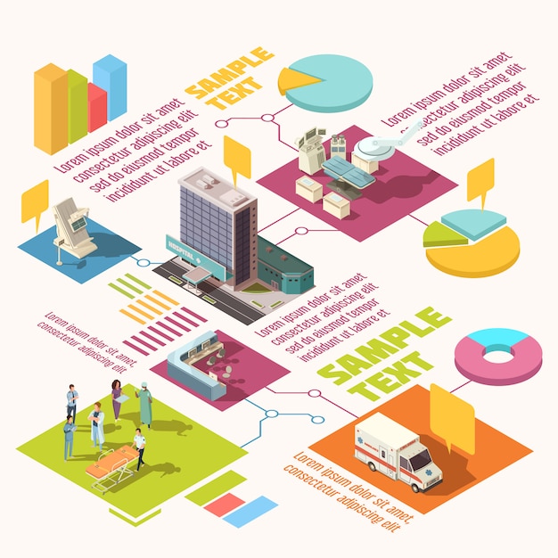 Kolorowy izometryczny szpital infografiki z przykładowy tekst