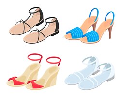 Kolorowy moda kobiece buty kreskówka zestaw ilustracji. otwarte letnie damskie obcasy i sandały na białym tle. obuwie, kobiecość, glamour, koncepcja zakupów