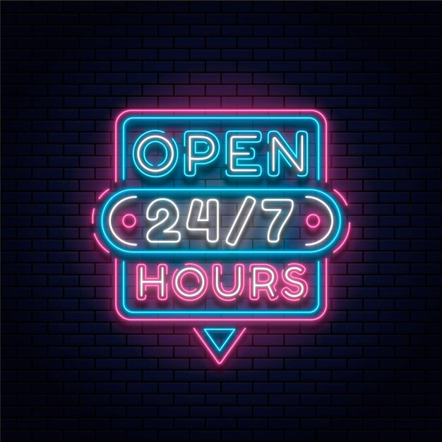 Kolorowy, otwarty 24 godziny neon