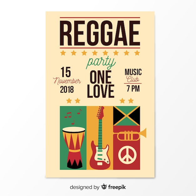 Bezpłatny wektor kolorowy plakat party reggae z płaska konstrukcja