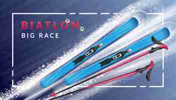 Bezpłatny wektor kolorowy realistyczny poziomy plakat biathlonowy z opisem i nartami leży na śniegu
