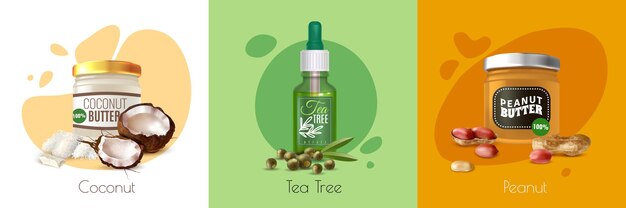 Kolorowy realistyczny produkt olejny z kokosowym drzewkiem herbacianym i butelkami oleju orzechowego