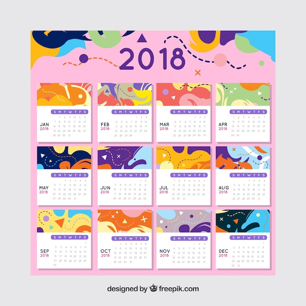 Bezpłatny wektor kolorowy streszczenie 2018 szablon kalendarza