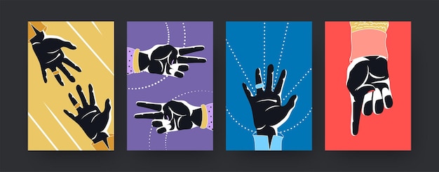 Bezpłatny wektor kolorowy zestaw plakatów sztuki współczesnej z sylwetkami rąk. ilustracja. kolekcja rąk liczenia na palcach. liczenie palców, liczba, koncepcja liczbowa do projektowania