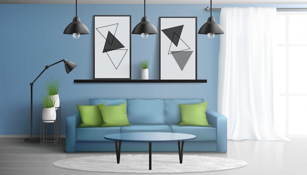 Bezpłatny wektor komfortowy salon w domu lub mieszkaniu 3d realistyczne wektor nowoczesne wnętrze z miękką sofą, szklanym stolikiem kawowym, obrazami na ścianie, białym dywanem na podłodze laminowanej, dużym oknem ilustracji