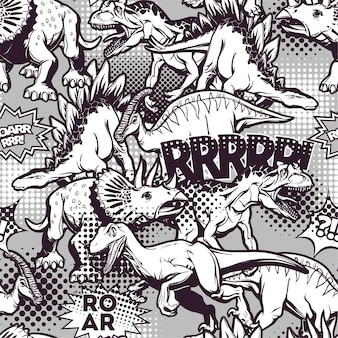 Komiksowy wzór dinozaura pop-artu do druku i dekoracji. ilustracja wektorowa.