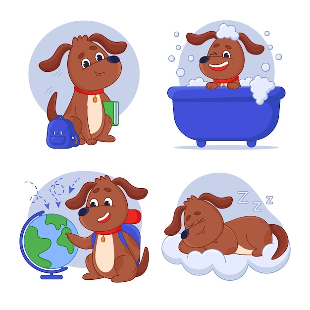 Bezpłatny wektor komplet kreskówka pies studiujący podróżowanie, kąpiel i spanie na chmurze