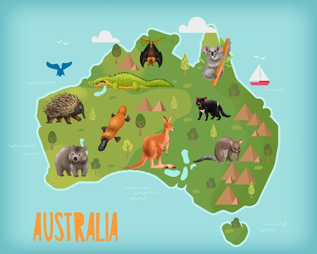 Bezpłatny wektor kompozycja australijskich zwierząt z mapą australii kontynentalnej z ikonami punktów orientacyjnych ilustracji siedlisk roślin i zwierząt