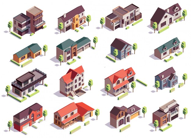Kompozycja izometryczna budynków na przedmieściach z szesnastoma odizolowanymi obrazami nowoczesnych domów mieszkalnych z garażami i drzewami