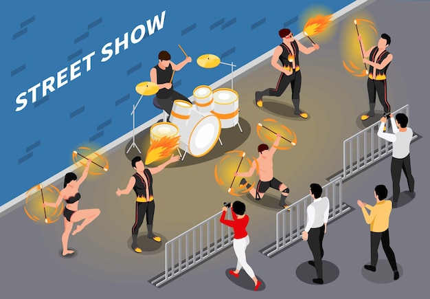 Kompozycja Izometryczna Pokazu Ognia Z Widokiem Na Zaułek I Grupą Tancerzy Ognia Z Perkusistą I Ilustracją Wektorową Publiczności