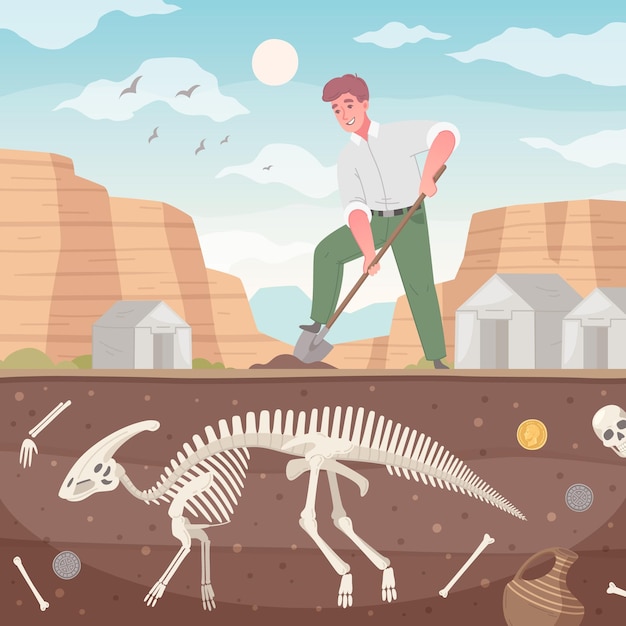 Kompozycja kreskówek archeologicznych z widokiem profilu ziemi z wykopanym szkieletem dinozaura i mężczyzną z ilustracją łopaty
