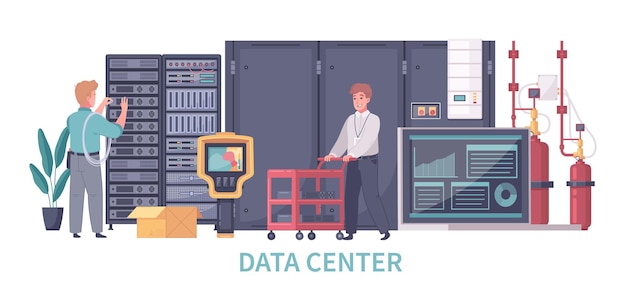 Bezpłatny wektor kompozycja kreskówek datacenter z tekstem i widokiem systemu chłodzenia komputerów serwerów oraz postaciami ilustracji pracowników