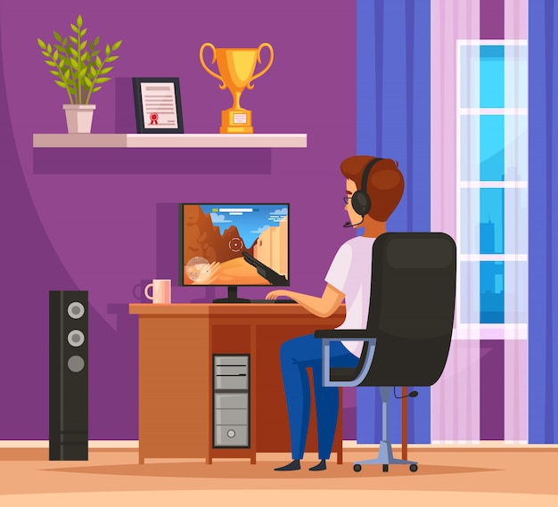 Kompozycja postaci z gier Cybersport z młodym mężczyzną noszącym słuchawki przed komputerem stacjonarnym