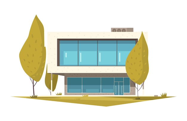 Kompozycja Projektu Domu Z Zewnętrzną Scenerią Z Drzewami I Obrazem Fasady Domu Mieszkalnego Płaskiej Izolowanej Ilustracji Wektorowych