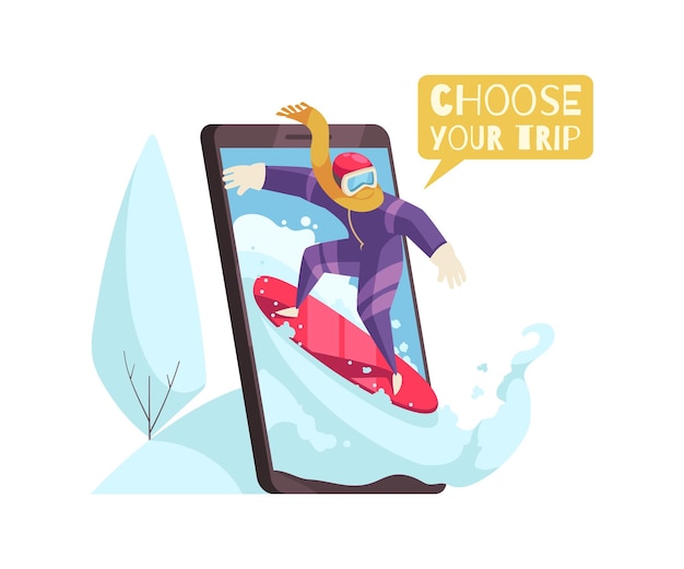 Kompozycja rezerwacji podróży ze smartfonem i mężczyzną na ilustracji snowboardowej