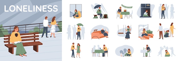 Kompozycja Samotności Samotności Z Chodzącą Parą I Samotną Kobietą Siedzącą Na ławce Z Izolowanymi Ikonami Scen Ilustracji Wektorowych