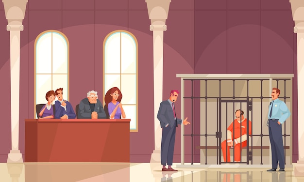 Kompozycja wymiaru sprawiedliwości z wewnętrzną scenerią sądu i więźniem w klatce z ludzkimi postaciami ławy przysięgłych