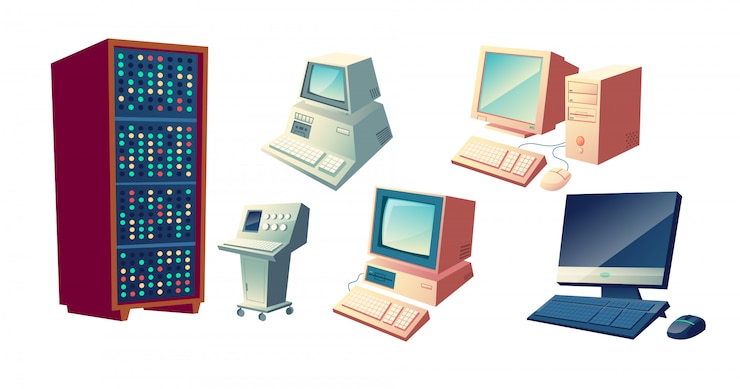 Bezpłatny plik Wektor komputery ewolucja kreskówka wektor koncepcja. vintage starych stacji komputerowych, jednostek systemowych retro i monitory, nowoczesny komputer stacjonarny z ilustracjami klawiatury i myszy zestaw na białym tle
